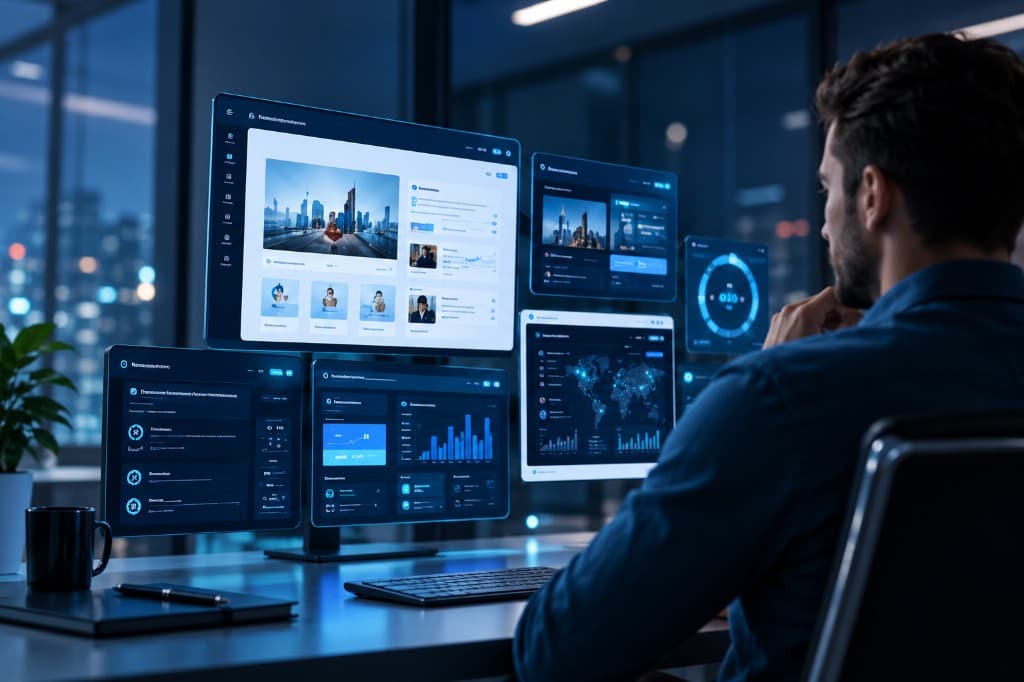 Person reviewing digital dashboards, representing B-Way website work