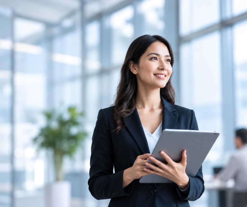 Professional woman holding a tablet in a modern office